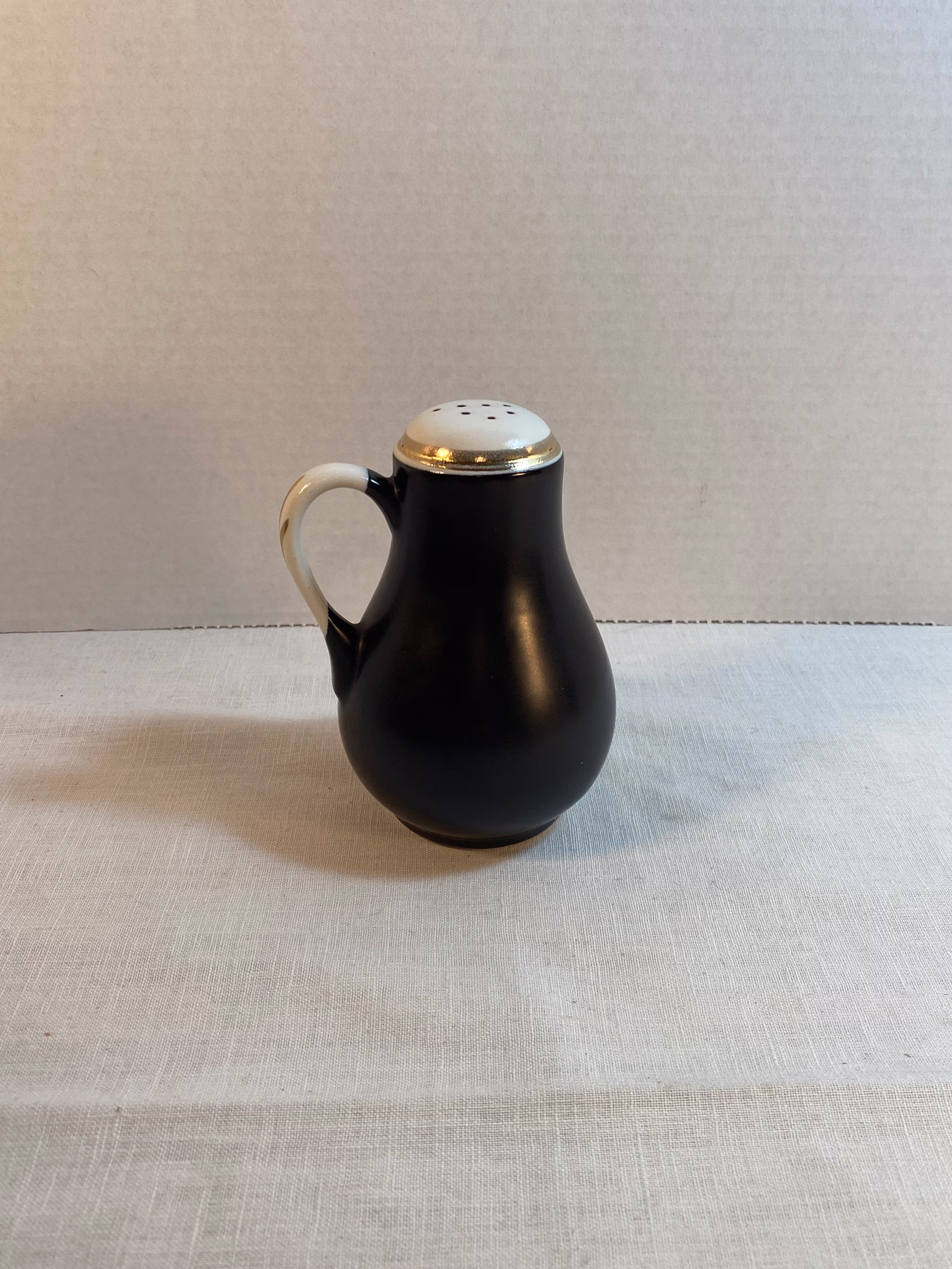 Vintage Hall's Superior Quality Kitchenware Pepper Shaker, Matte Black, White, With Gold Accent