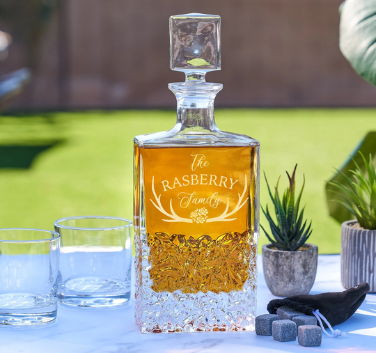 Etched Decanter Set - Personalized Bar Decor, & Cocktail Glasses, Christmas Winter Holiday Glassware, Design Fm7