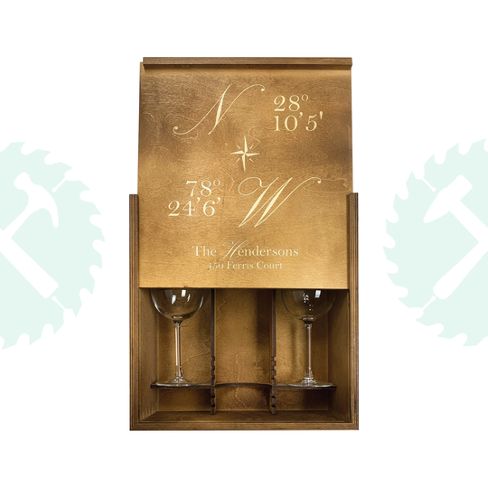Custom Engraved Wine Box Gift Set, First House Keepsake Box, Personalized Housewarming Present, Three Bottles Of Wine, Glass Holder