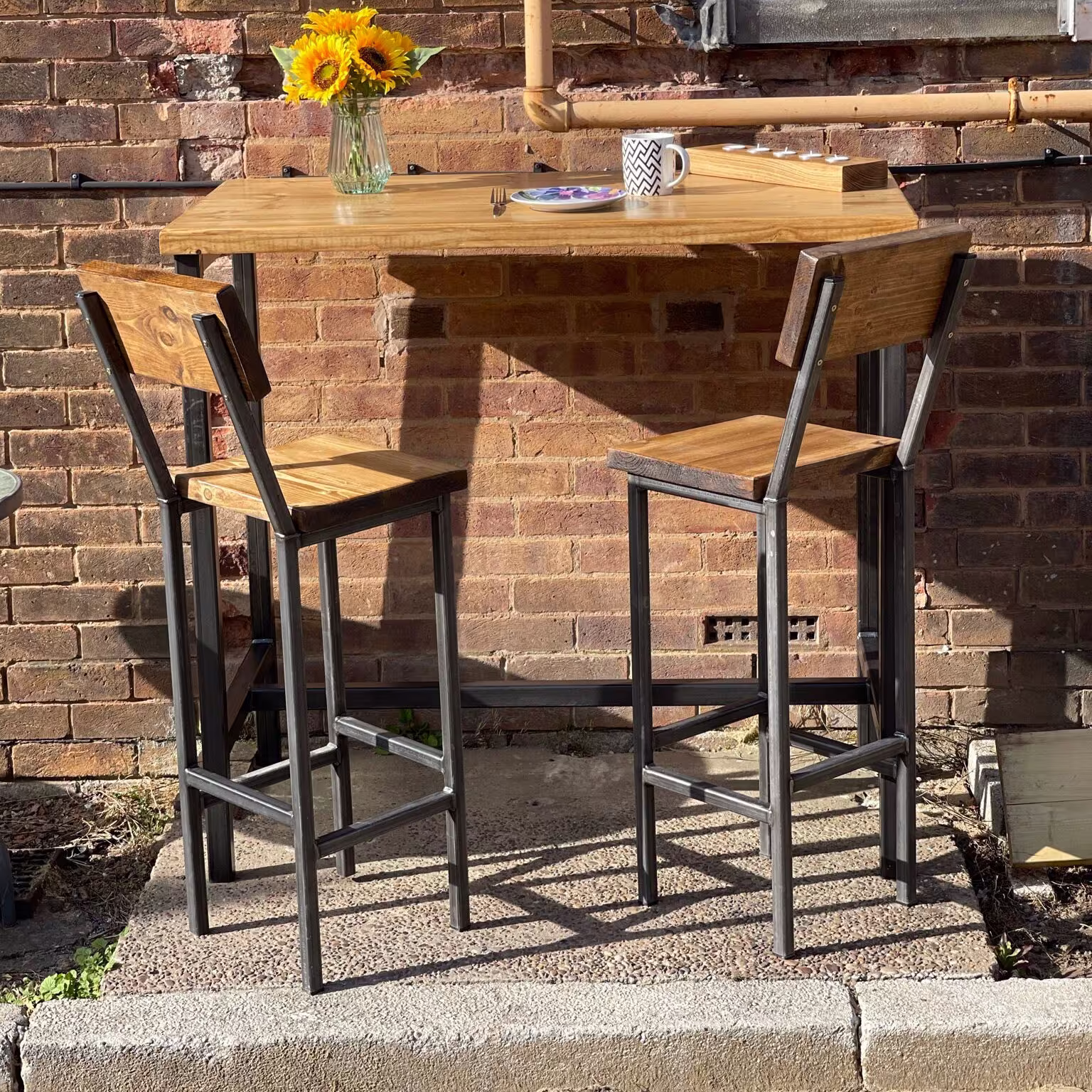 Bar Table & Chairs Industrial Pub Dining High Breakfast Poseur Steel Frame Legs Solid Wood Timber Stools