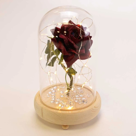 Handmade Magical Red Enchanted Rose in Glass Dome Bell Jar With Pretty Led Lights