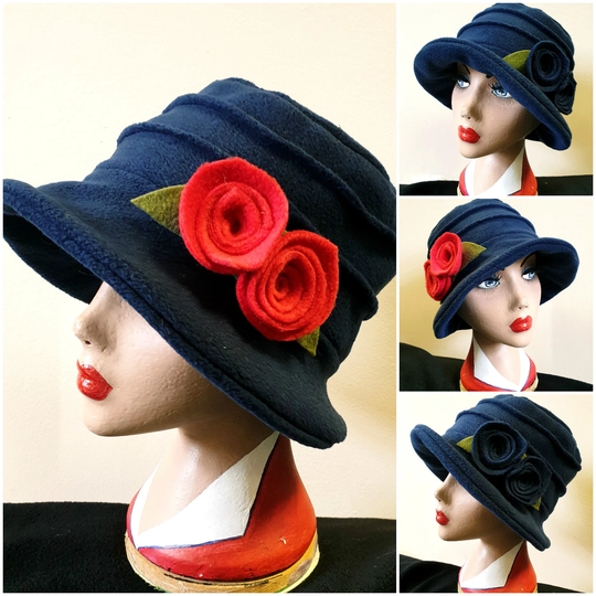 Navy Blue Fleece Hat-Polar Lining-Downton Abbey Hat-Womens Winter Hat-1930's-Ladies Hat-Blue