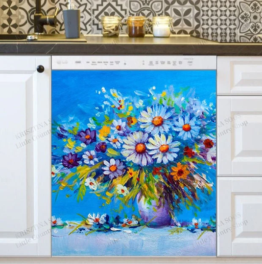 Kitchen Dishwasher Magnet Cover - Beautiful Daisy Flowers in A Vase