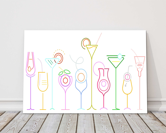 Cocktail Glasses, Colourful Line Drawings. Canvas Print. Wall Decor For Home Or Office. Ideal Gift Birthday Present