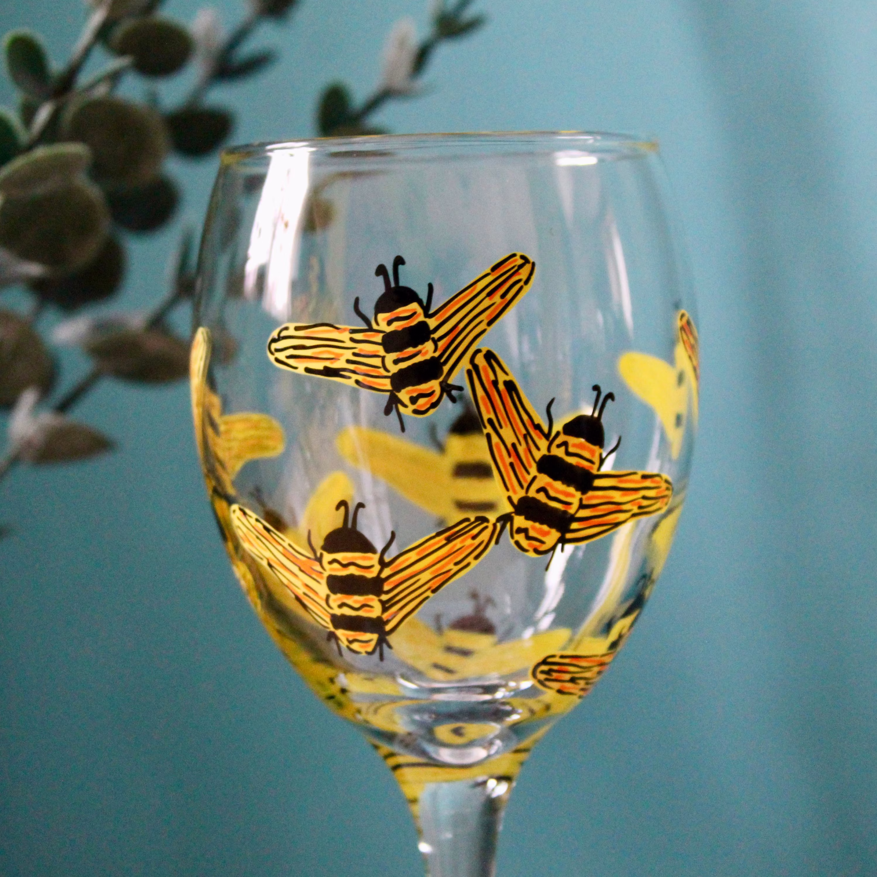 Personalised Wine Glass, Hand Painted, Bumble Bee, Flower Design, Gift For Her, Birthday