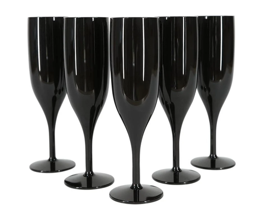 6 X Black Prosecco Flutes - Made From Strong Reusable Plastic 1-Piece Champagne Glass | Pack Of Glasses Halloween, Parties, Hot Tub