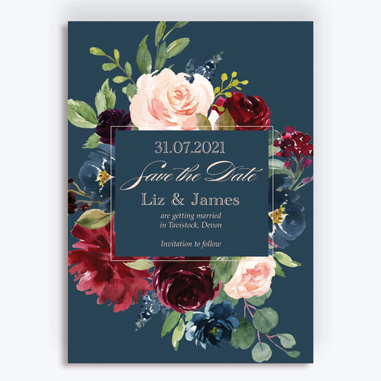 Navy, Burgundy & Blush Floral Frame Wedding Save The Date Cards & Envelopes