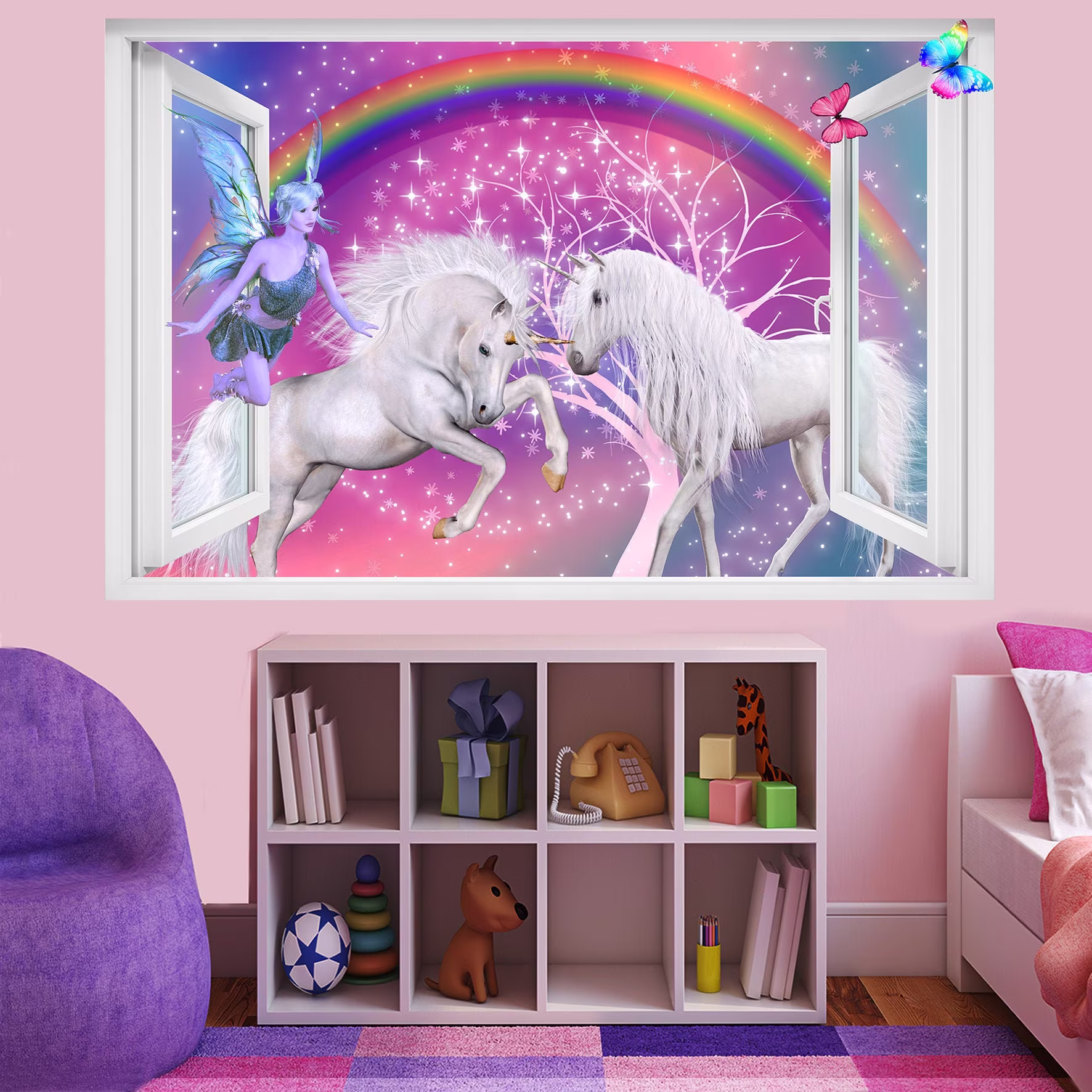 Unicorns Rainbow Fairy Butterflies Wall Sticker Art Poster Mural Transfer Decal Print Kids Room Home Nursery Office Decor Id602