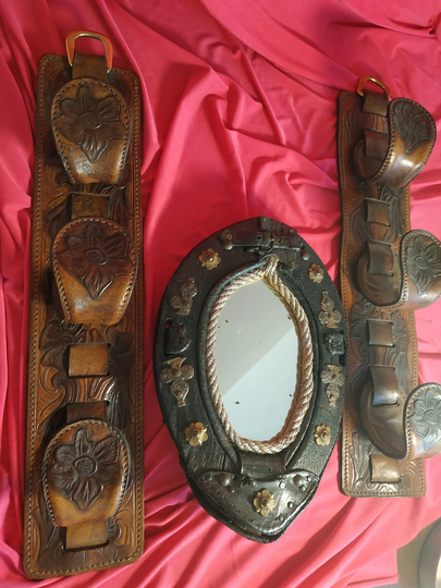 Bottle Holder On The Wall Made Of Genuine Rough Leather & A Mirror in Same Style.decor Wall.ranch.holder.mirror.(3 Pcs