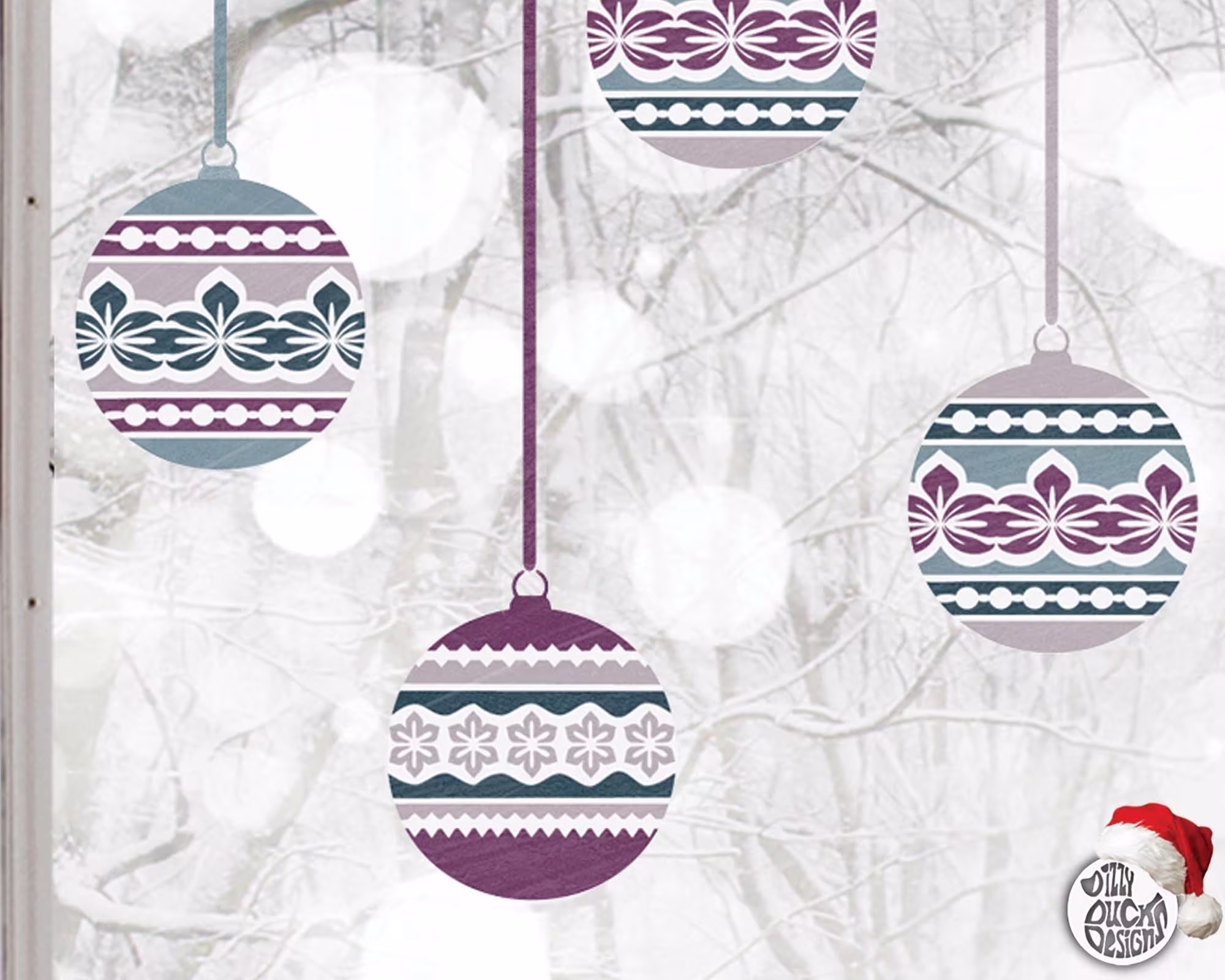 10 Nordic Christmas Bauble Window Stickers - Blue & Purple Decorations Decals By Dizzy Duck