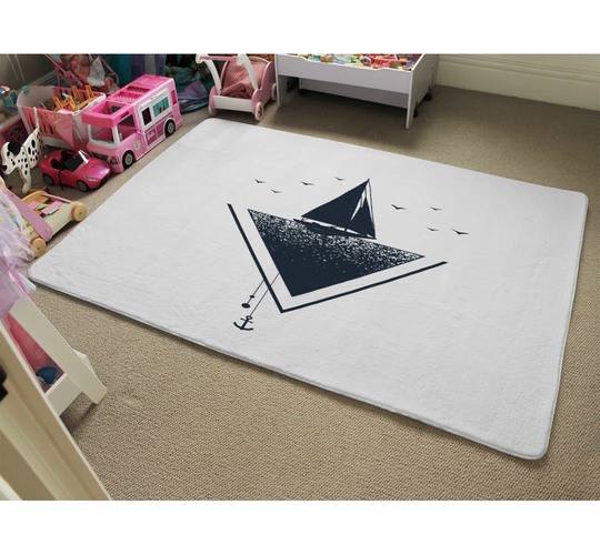 Ovalle Sailboat at Sea Designer Shaggy Black/White Rug