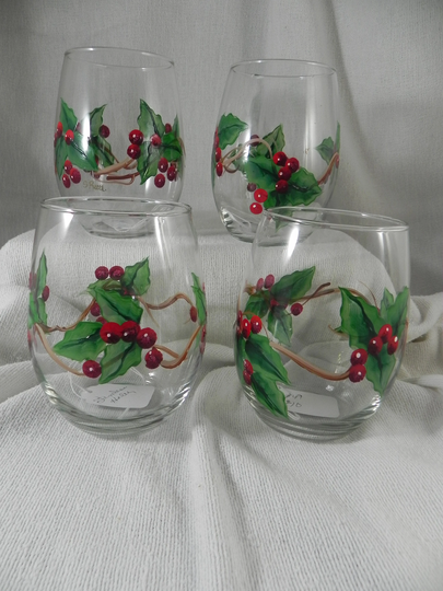 Holly & Berry Stemless Glasses Hand Painted