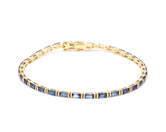 14K Solid Gold Blue Sapphire Tennis Bracelet | Natural Baguette Cut Real Bar Set Slim Chain