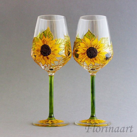 Sunflower Wedding Glasses, Rustic Wine Themed Wedding