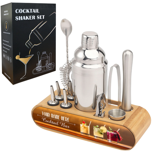Personalised Cocktail Making Kit Set - Shaker 11 Pcs Bartender Bar Tool With Display Stand