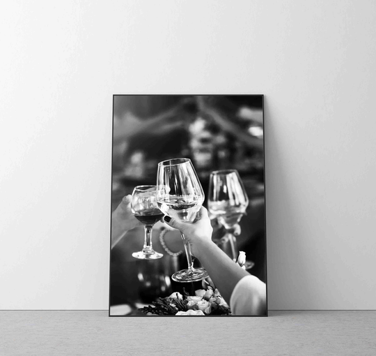 Cheers Champagne Glass Poster, Kitchen Decor, Black & White Wall Art Living Room Wall Decor Photography Minimalist Housewarming Gift