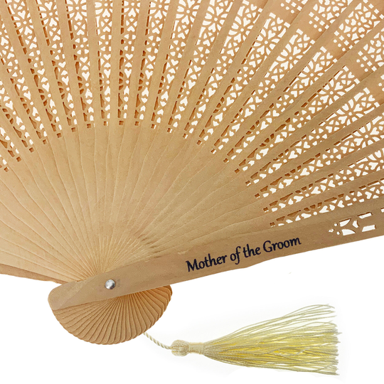 Mother Of The Groom Quote Printed Wedding Hand Fan Hollow-Out Carved Patterns Engraved Wooden Fans With A Tassel Including An Organza Bag