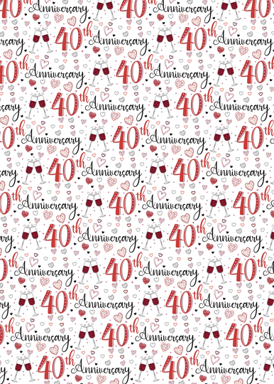 2 Sheets 40Th Wedding Anniversary Unisex Wrapping Paper Champagne Glass Design Giftwrap Male & Female Ruby | Pa