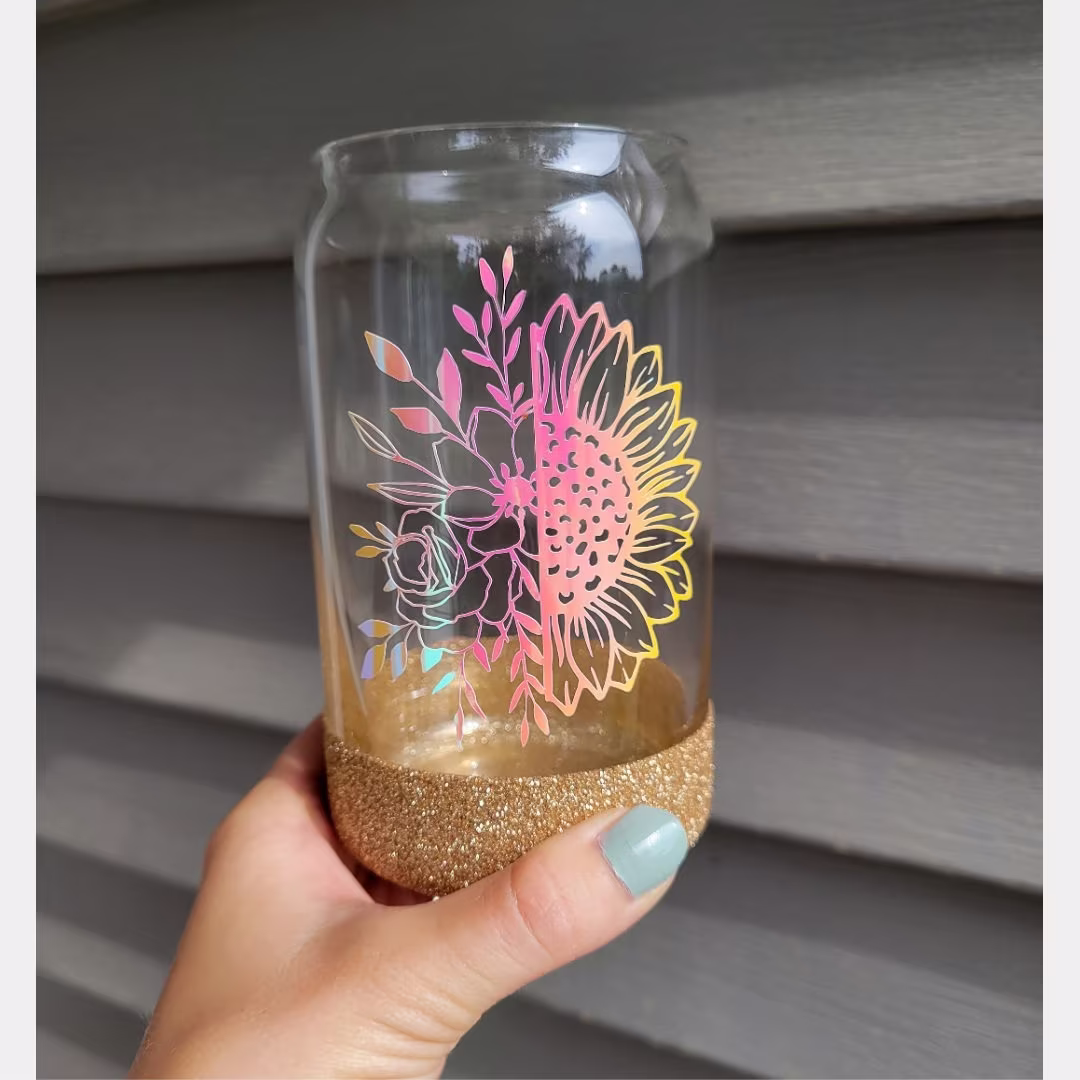 Sunflower Beer Can Glass-Coffee Glass-Iced Coffee Glass-Custom Glass Cup - Wildflowers-Soda Glass-Glitter Dipped Can-Holographic