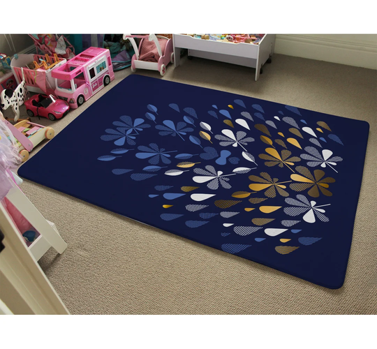 Palen Autumn Print Designer Shaggy Navy/Yellow/White Rug