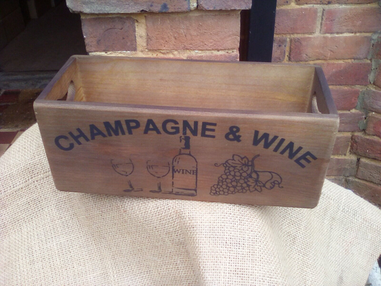 Champagne & Wine Wooden Storage Box With Cut Out Handles. Perfect For A Gift