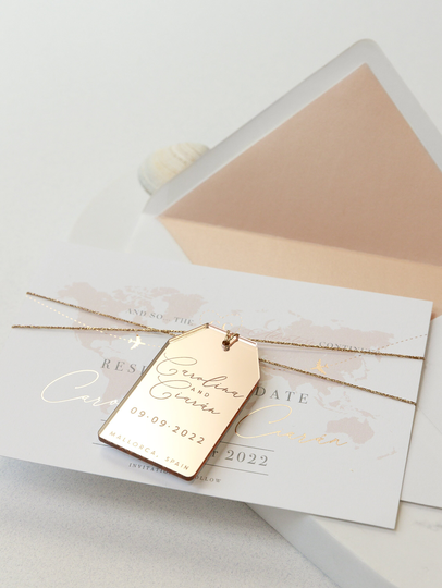 Rose Gold Luggage Tag | Wedding Save The Date Magnet With Plexi Mirror Magnet, Passport Style, Destination Wedding, Abroad Foiled