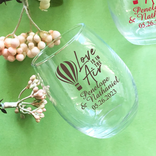 Printed 24 Pieces Love Is in The Air Personalized Stemless Wine Glass Favors - Wedding {Item#858E-N}
