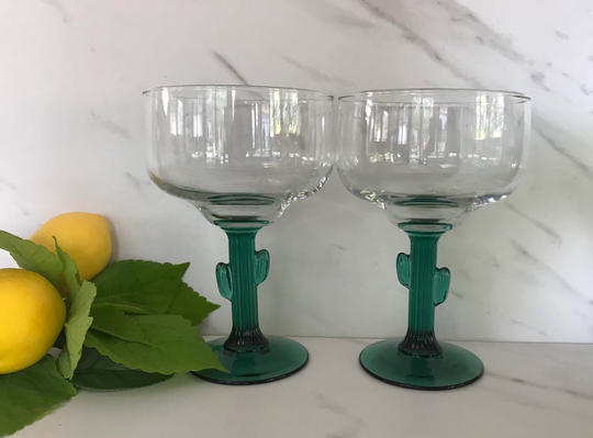 Adorable Green Stem Clear Cup Cactus Margarita Glasses 1990's