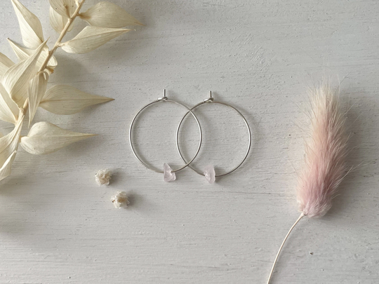 Silver Rose Quartz Earrings, Small Hoop Earrings With Gemstone, Minimalist Boho Jewellery, Bohemian Gemstone