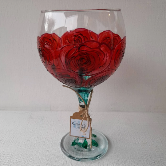 Red Rose's, Roses Are Red, Hand Painted Gin Glass | Can Personalise Unique, Perfect Gift Painted To Order For Her Him