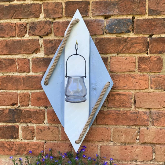 Rustic Painted Wood & Rope Tealight Holder Candle Hanging Lantern For Garden Or Bathroom