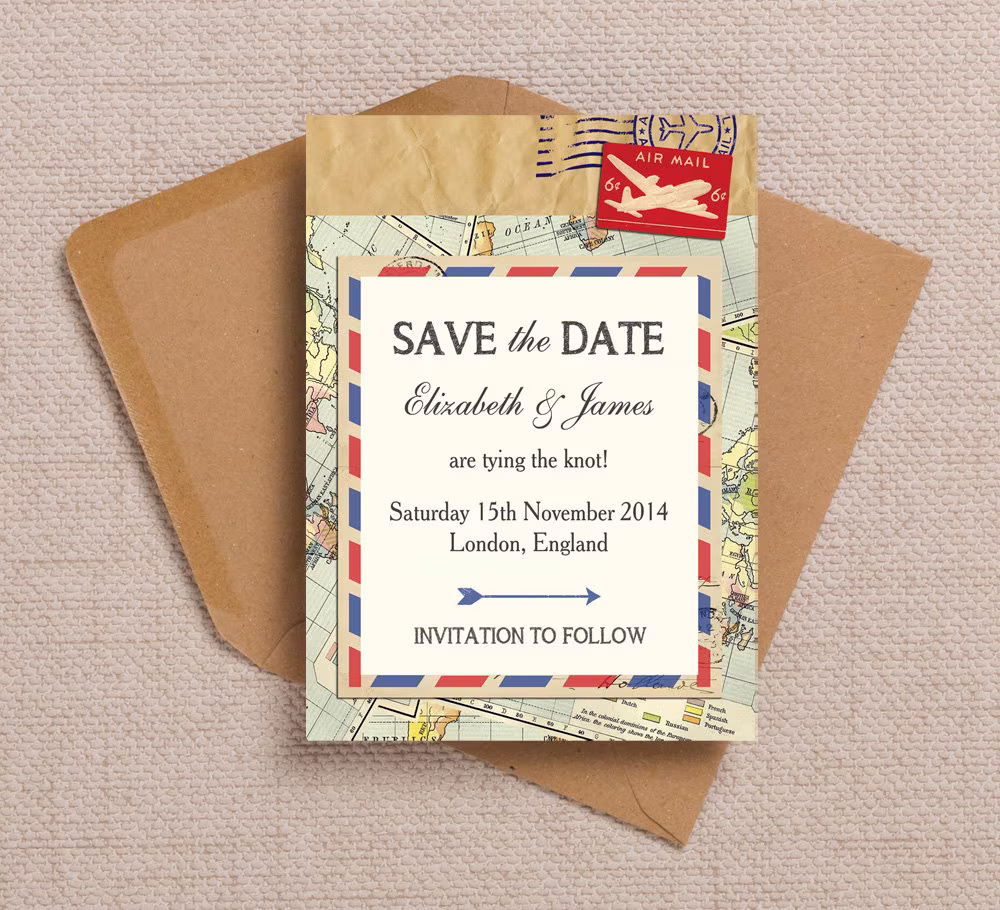 Vintage Airmail Destination Wedding Save The Date Cards & Envelopes
