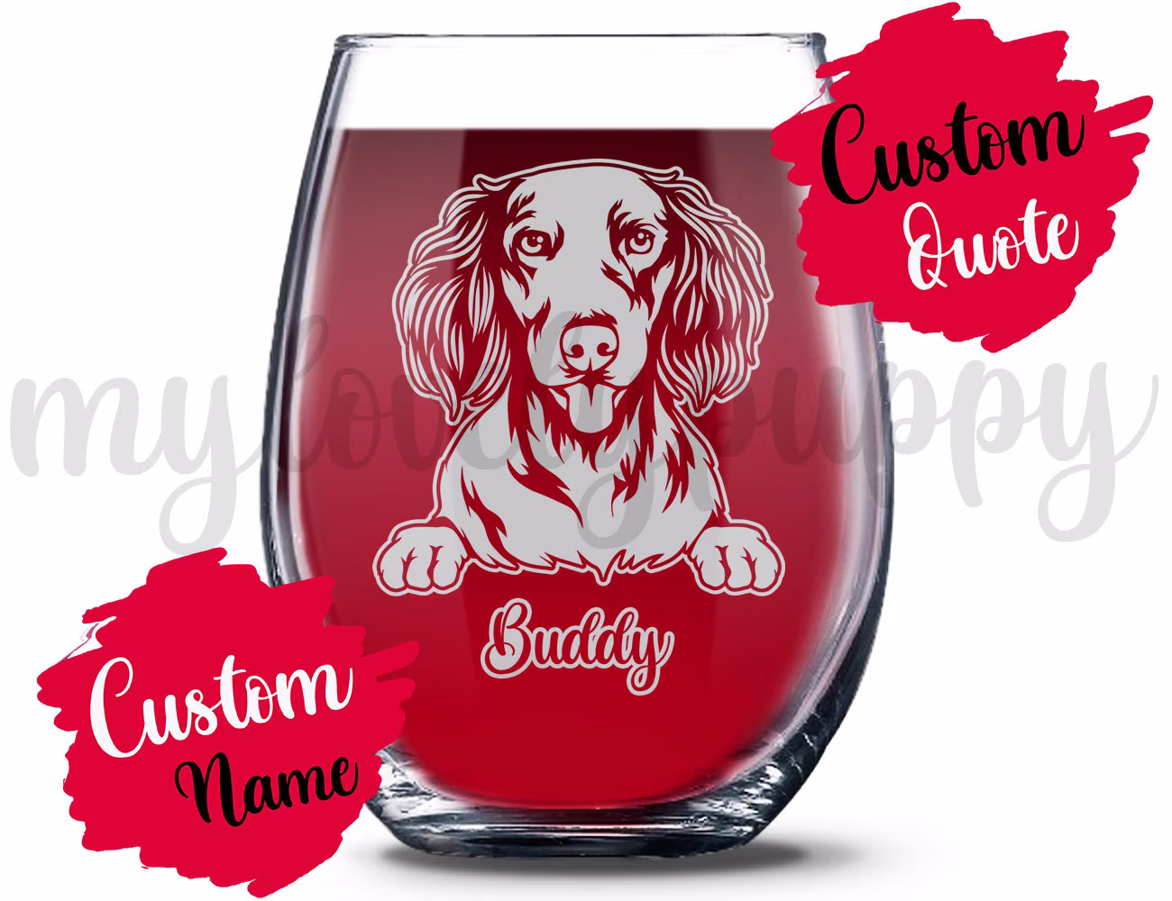 Personalized Longhaired Dachshund Mom & Dad Gift, Doxie Owner Wine Glass, Teckel Dog Women Men Dotson Weenie Mommy Daddy