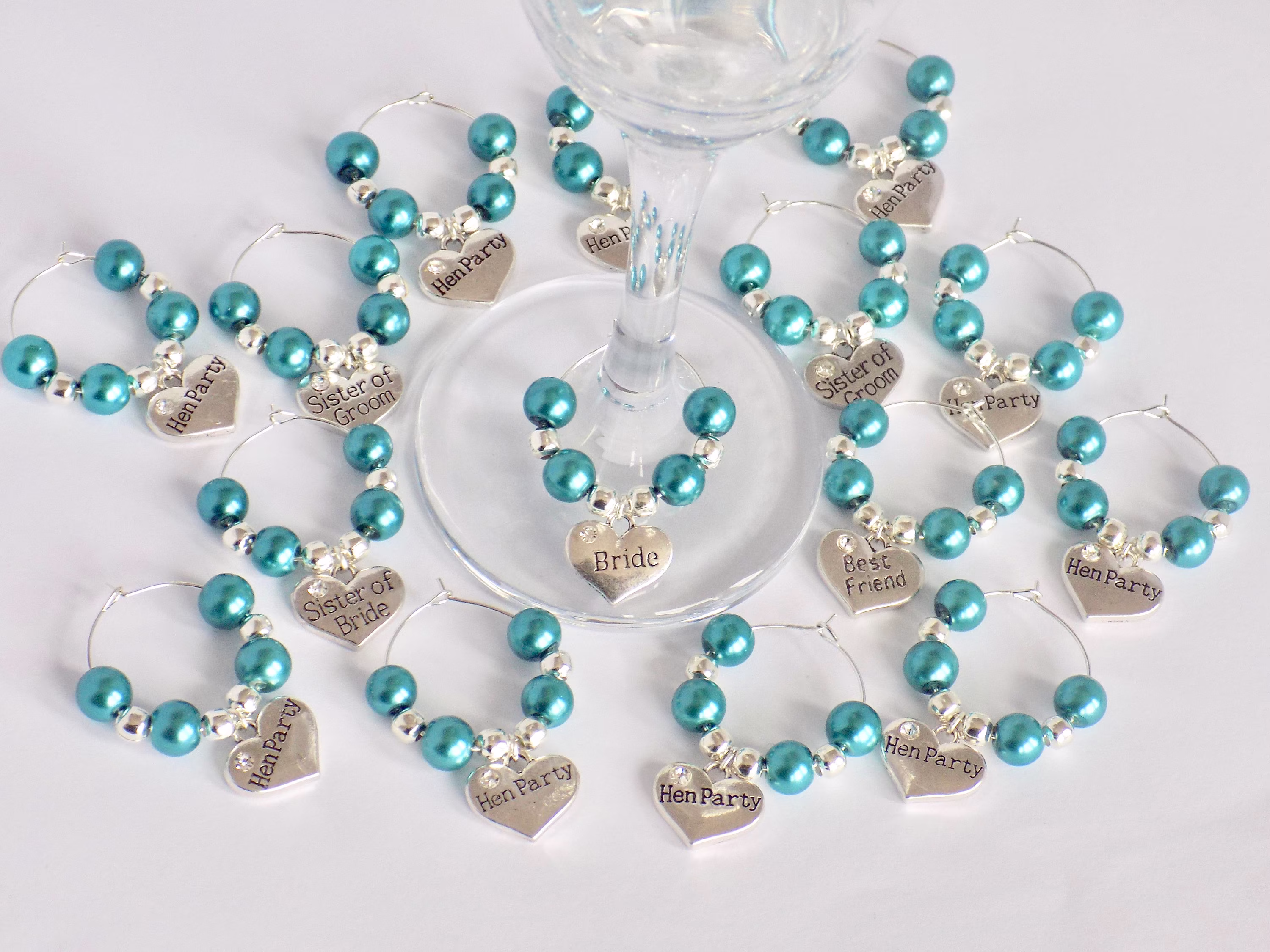 Hen Party Wine Glass Charms, Teal Wedding Decoration, Bridal Shower Favor, Gift, Bachelorette Gift