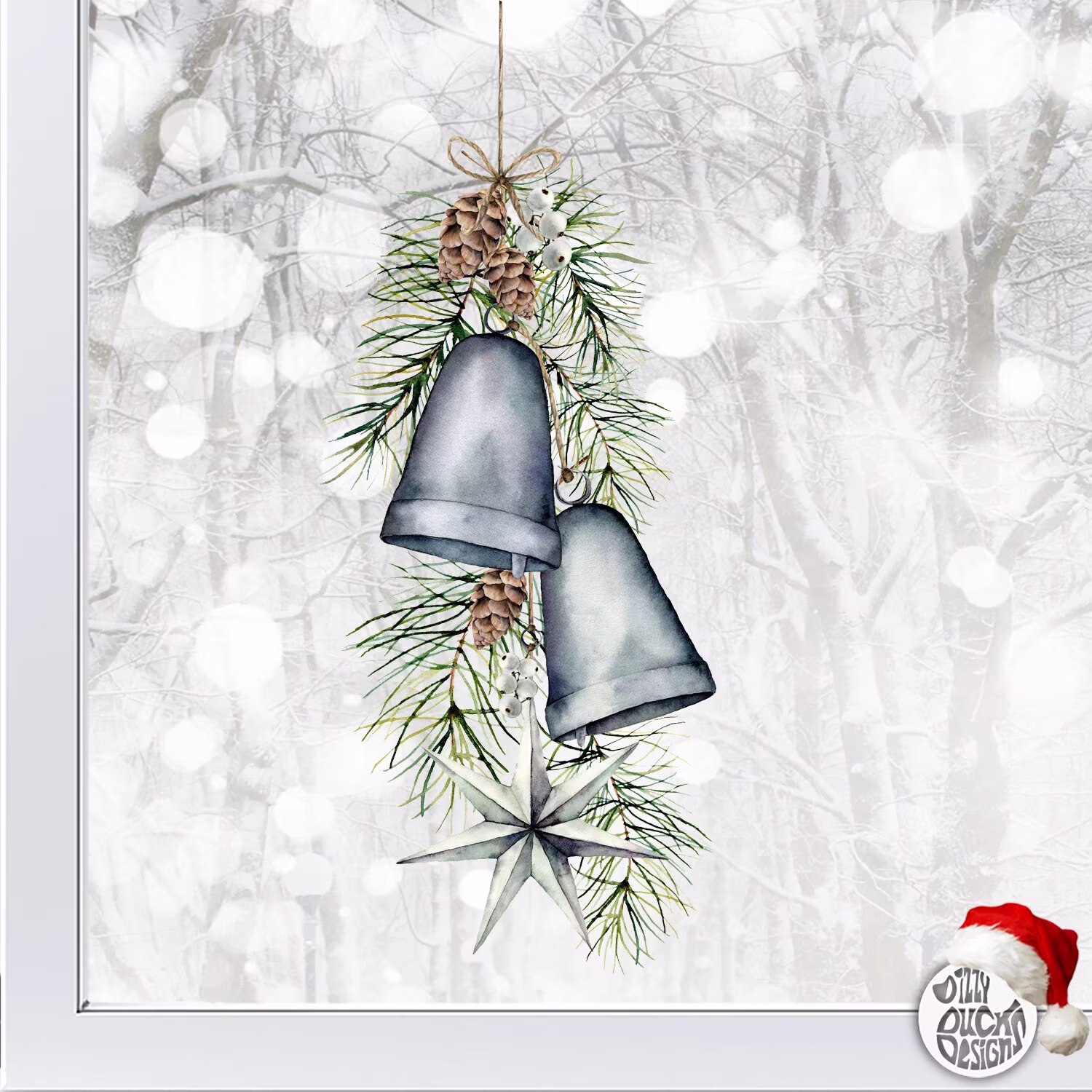 Watercolour Christmas Star Window Cling - Vintage Bells Stickers Decals By Dizzy Duck