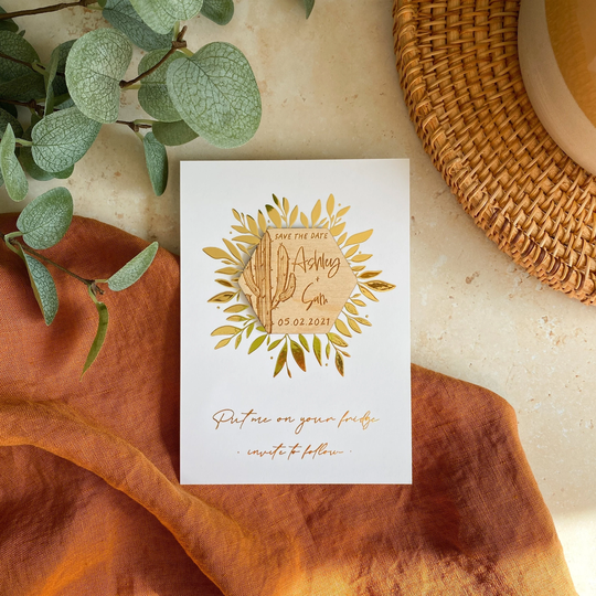 Cactus Save The Date, Wooden Desert Dates, Succulent Outdoor Wedding