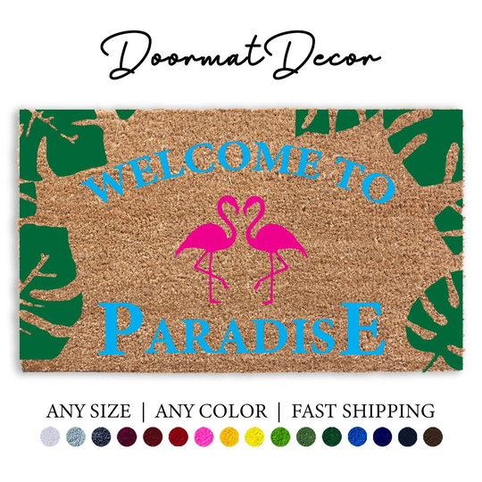 Welcome To Paradise Doormat, Summertime Flamingo Flocked Coir Door Mat, Outdoor Front Entryway Decor, Palm Leaves