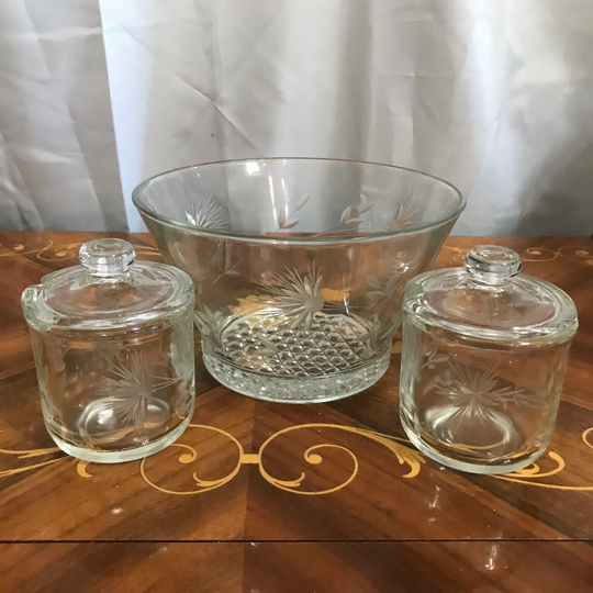 Vintage Wheel Cut Bar Set, Ice Bucket, Covered Jars Starbursts & Leaves, Dining Serving