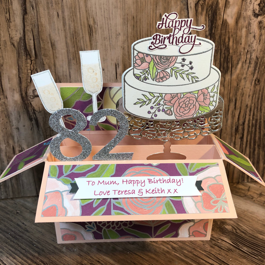 Pop Up Birthday Card; Female; Floral; Cake; Glitter; Feminine