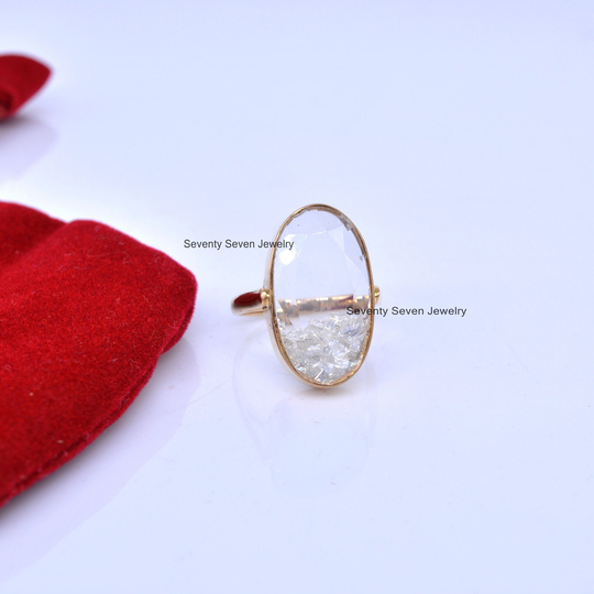 14K Gold Baguettes Shaker Ring, Gemstone Crystal Quartz Oval