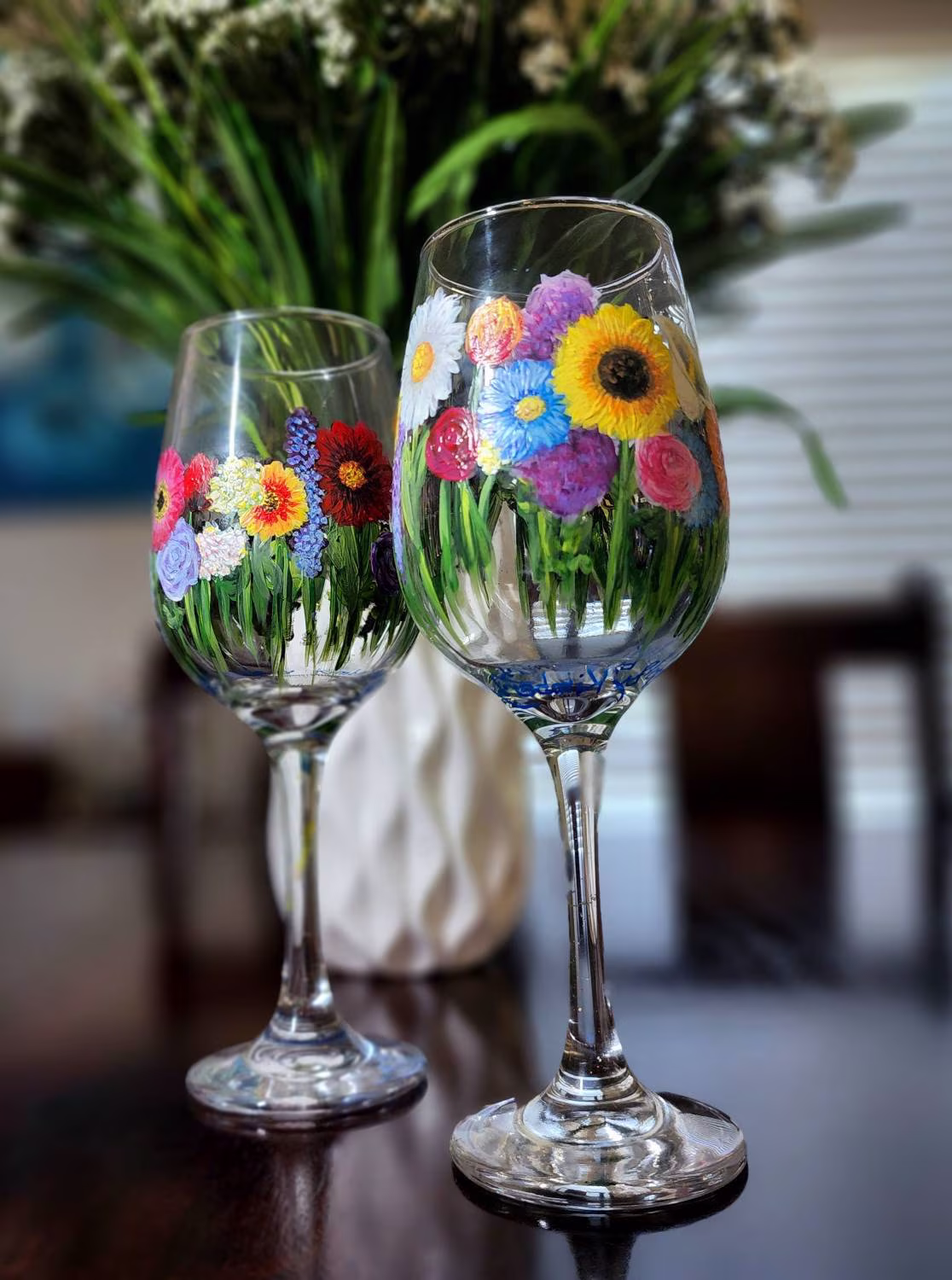 Hand-Painted Traditional Wine Glass Wildflower Design Each Piece Is One-Of-A-Kind