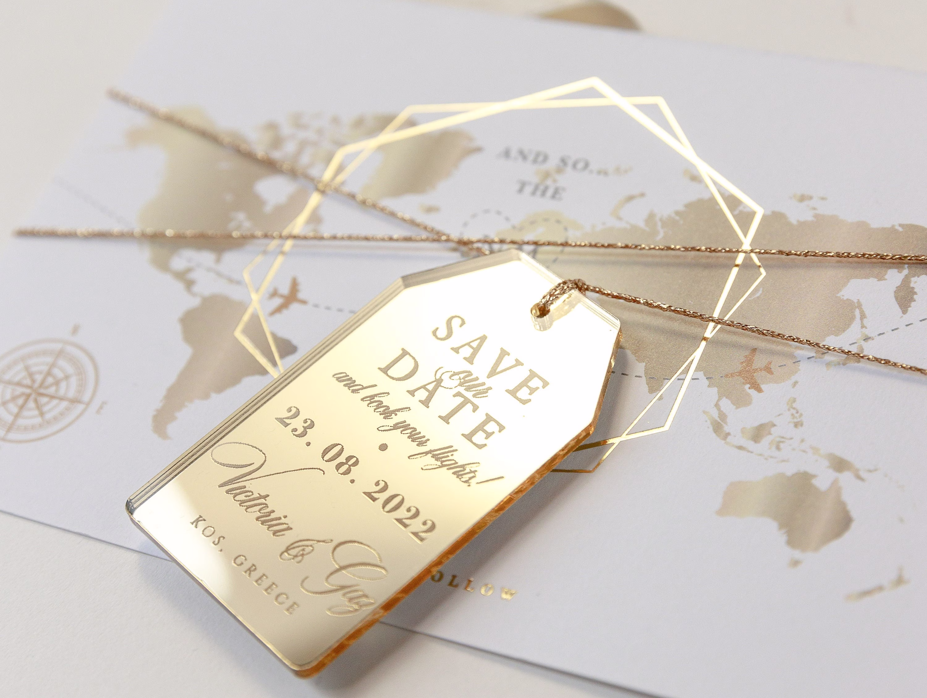 Destination Luggage Tag | Wedding Save The Date Magnet With Plexi Mirror Magnet, Passport Style, Travel Theme Wedding, Abroad Foiled