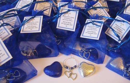 Royal Blue & Silver Wedding Favours - Chocolate Hearts & Wine Glass Charm Personalised