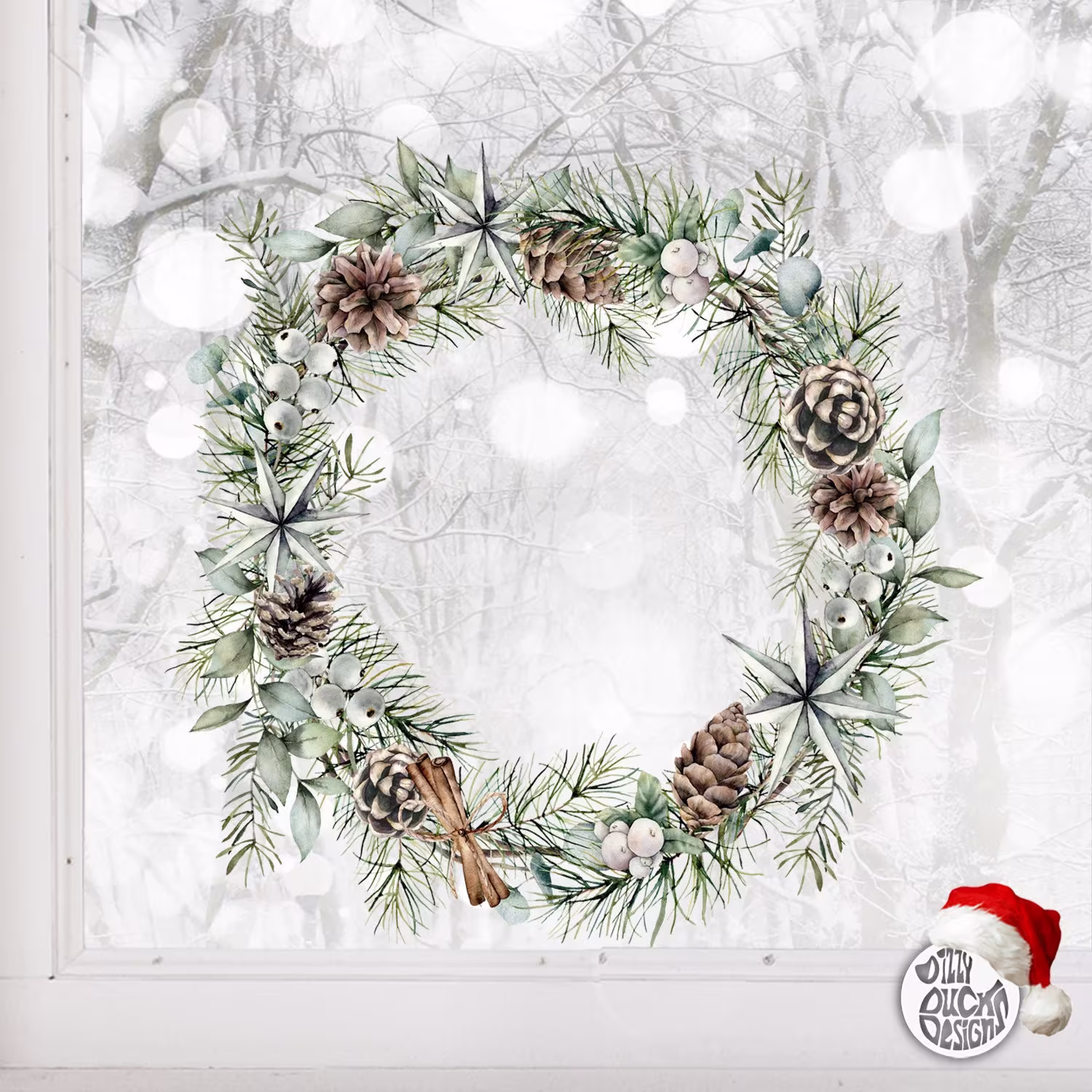 Christmas Window Decal - Pine Cone Wreath Xmas Decoration Sticker By Dizzy Duck