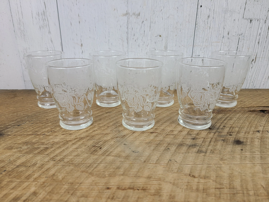 Vintage Set Of 7 Orange Juice Glasses Dominion Glass Brand White Rose Pattern Low Tumbler Drinking Cups Water Mid Century Modern Table Decor
