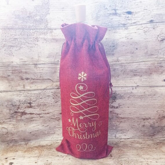 Merry Christmas Bottle Bag - Burlap/ Jute Wine Gift Drawstring