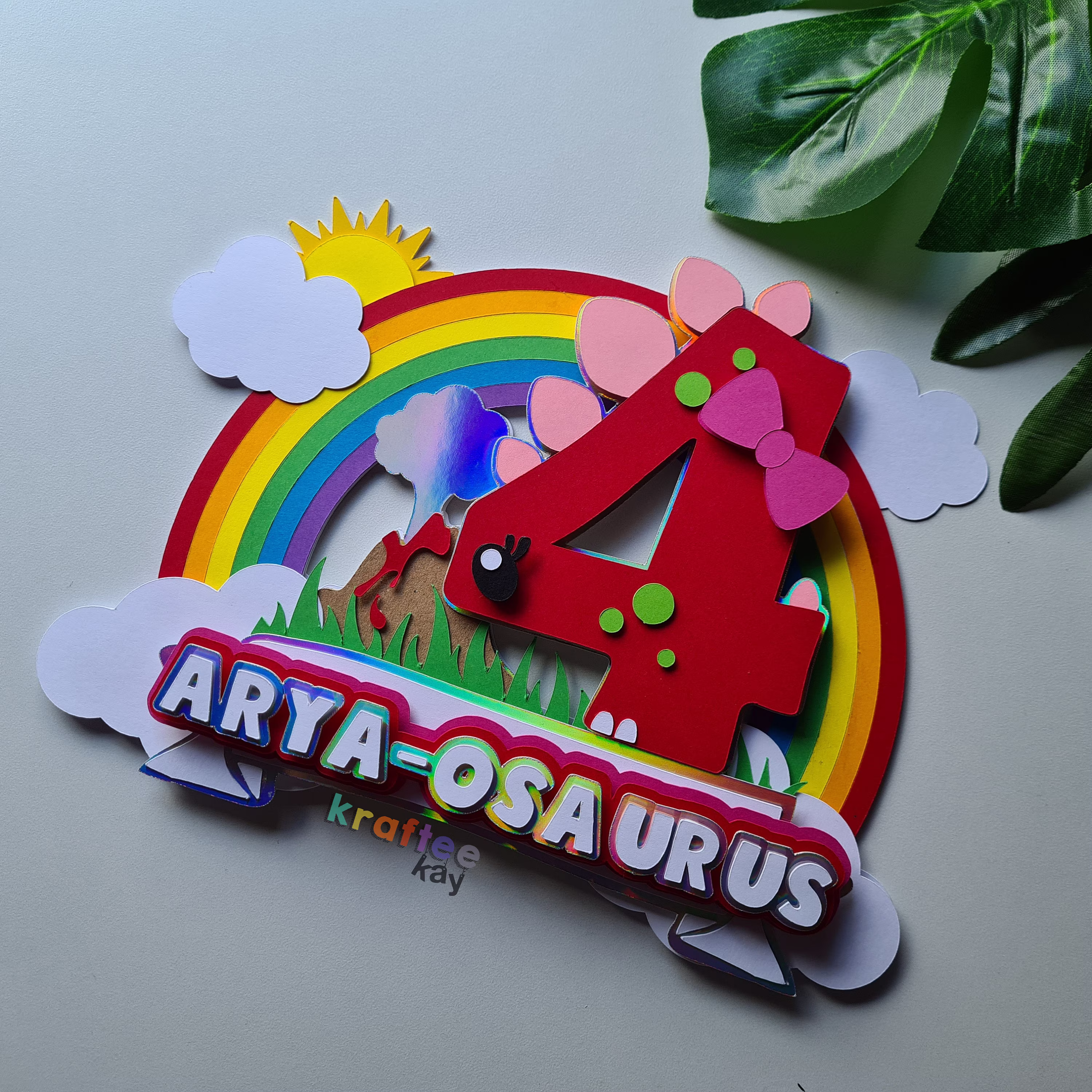 Custom Rainbow Dinosaur Cake Topper, Birthday Personalize Age & Name, Girl Party, Boy Party