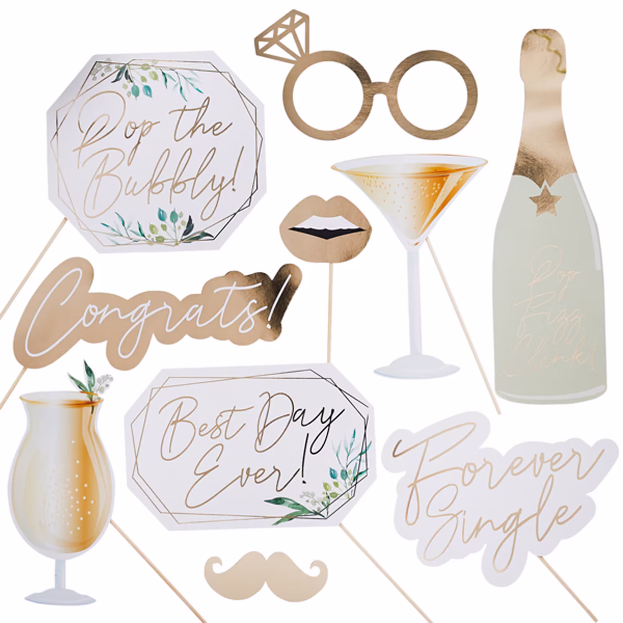 Wedding Party 10 Photo Booth Props. Designed To Compliment Contemporary Party Decoration Gold & White. Champagne Bottle Cocktail Glass