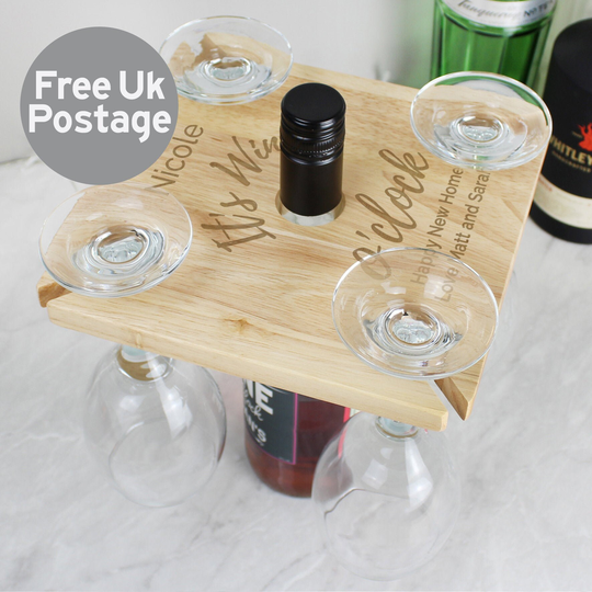 Personalised Wine O'clock Four Glass Holder & Bottle Butler - Gift For Her Xmas Family
