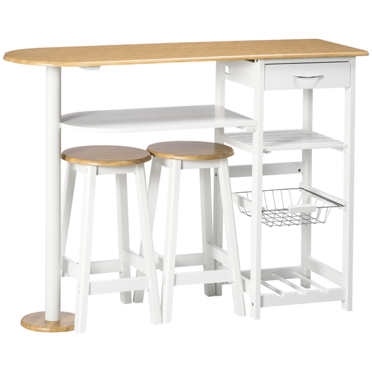 HOMCOM 3 Piece Bar Table Set, Breakfast Bar table and Stools with Storage Shelf, Drawer, Wire Basket and Wine Rack Natural and White | Aosom Ireland